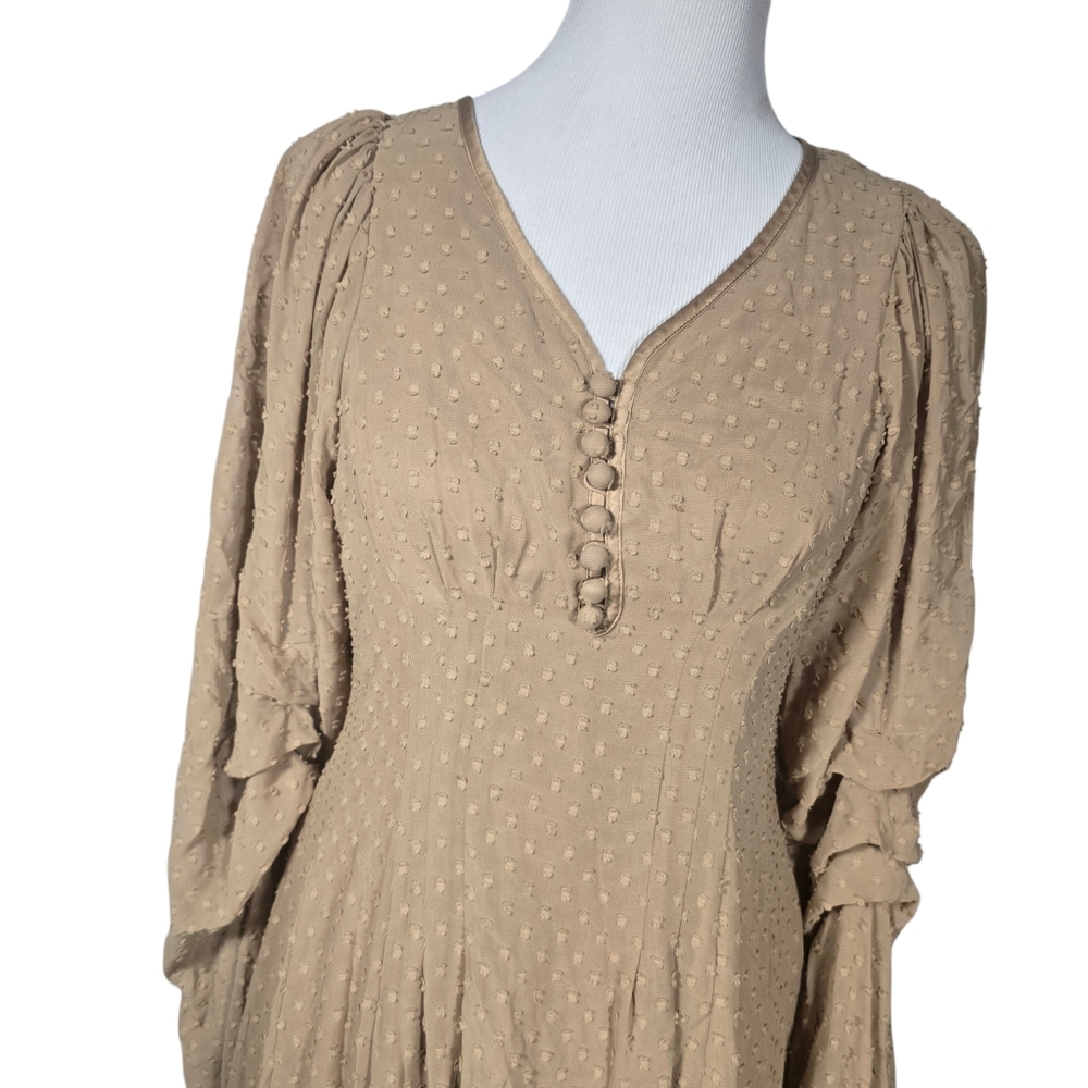AZUL by Moussy* 2 Long Puff Sleeve V-Neck Maxi Dress Textured Dotted Fabric AsIs - Picture 2 of 9